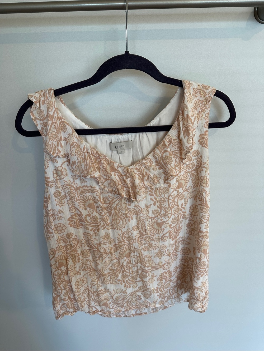 LOFT Cream and Tan Floral Scoop Neck Shell